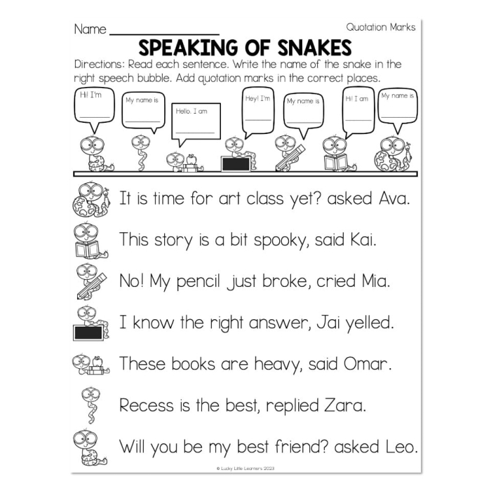 Quotation Marks practice activity for third graders with sentences to add the correct punctuation Third grade worksheet showing sentences with missing quotation marks for students to complete