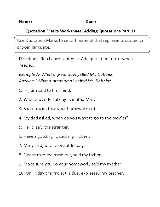 Practice with quotation marks on a Say What worksheet for third graders Third grade worksheet where students add missing quotation marks to sentences
