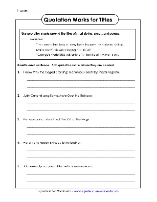 Worksheet image 16 for practicing quotation marks in third grade reading and writing Third grade worksheet where students add missing quotation marks to sentences