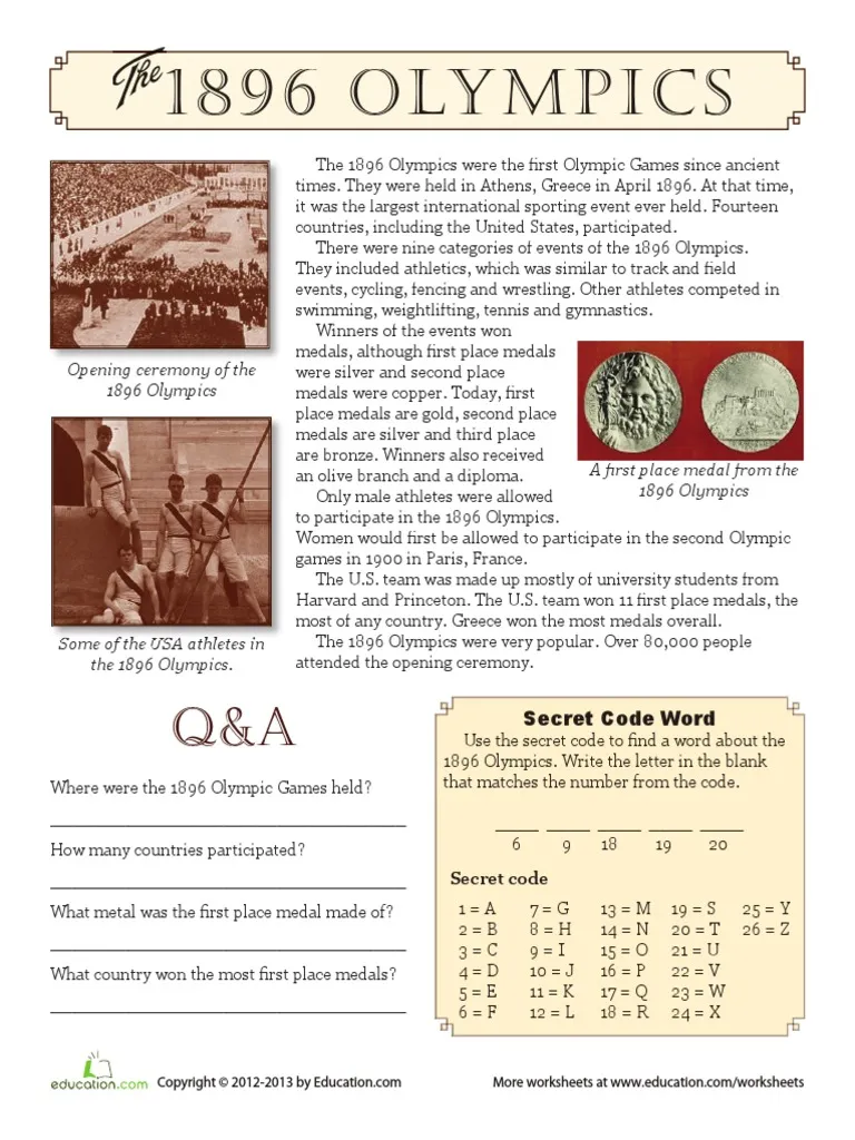 Fun Printable 1896 Olympics Worksheets for Third Grade Alpha
