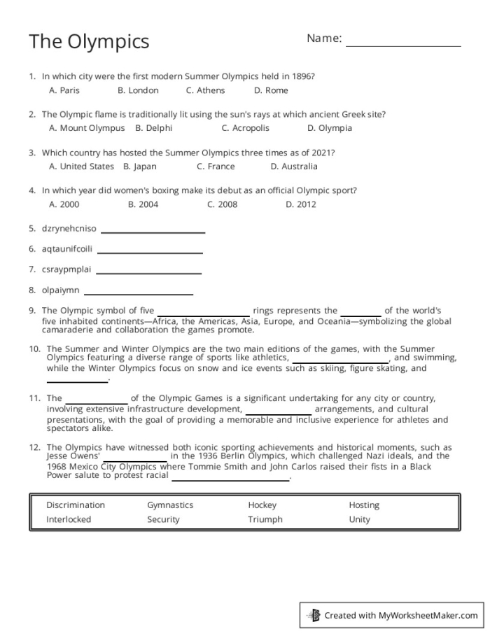 Engaging third grade reading worksheet on the first modern Olympic games held in 1896 Greece Third grade worksheet featuring reading exercises about the 1896 Olympics in Greece