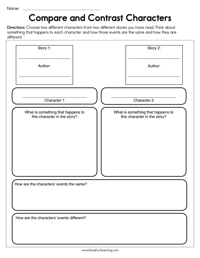 Third grade students working on a Comparing Characters from Two Fiction Texts worksheet to improve reading skills