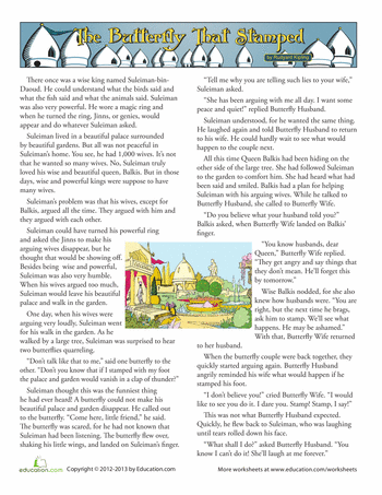 Reading comprehension activity featuring the King, Queen, and butterflies from The Butterfly That Stamped, image 7 Third Grade reading worksheet for The Butterfly That Stamped story by Rudyard Kipling