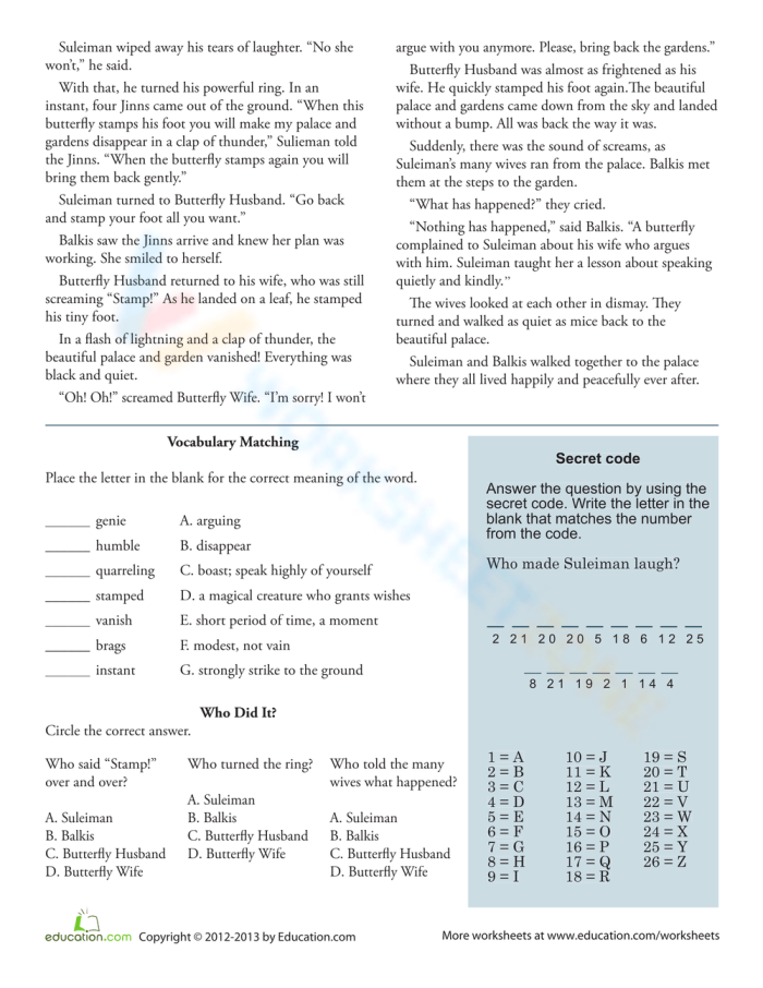 The Butterfly That Stamped reading comprehension worksheet for grade three students Third Grade reading worksheet featuring The Butterfly That Stamped story by Rudyard Kipling