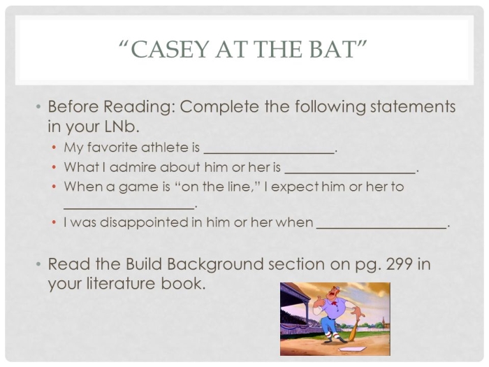 Engaging activity for understanding the narrative poem "Casey at the Bat Worksheet with questions about "Casey at the Bat" for third-grade reading comprehension