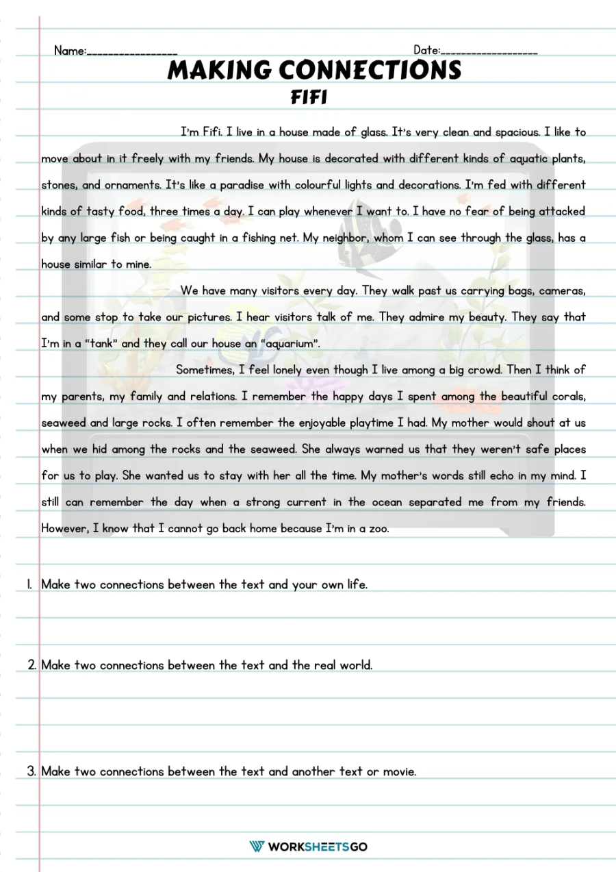 Reading Strategies Making Connections worksheet for Grammar and Mechanics Grade 3, image 15 Third Grade Reading Strategies worksheet focusing on making text-to-self, text-to-text, and text-to-world connections