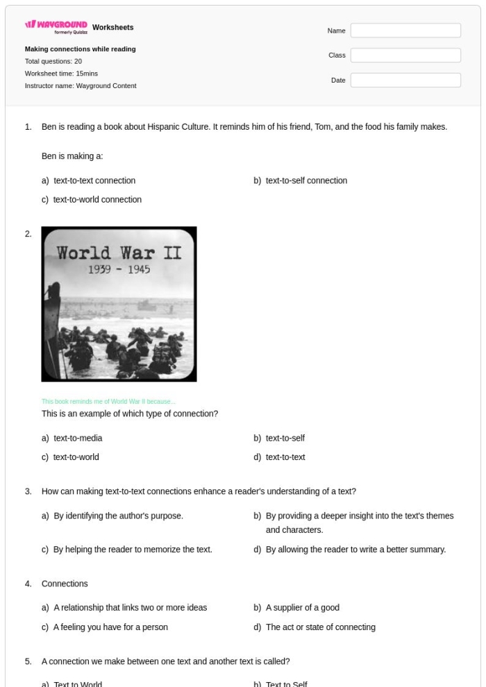 Worksheet 17 for practicing connections with literature and informational texts in third grade Third grade Reading Strategies worksheet for making text-to-self, text-to-text, and text-to-world connections