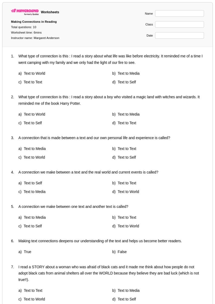 Interactive Reading Strategies worksheet for third graders practicing text-to-self, text-to-text, and text-to-world connections Third grade students completing a Reading Strategies worksheet focused on making connections between texts and personal experiences
