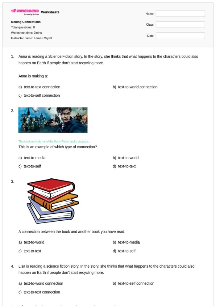 Reading Strategies Making Connections activity for third graders to enhance comprehension skills Third grade worksheet focused on using reading strategies to make text-to-self, text-to-text, and text-to-world connections
