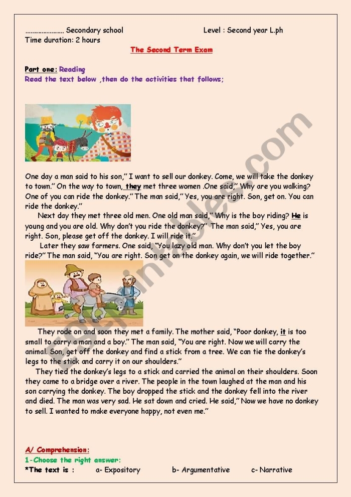 Educational resource image for a classic Aesop Fable worksheet to enhance reading skills Worksheet featuring "The Man, the Boy, and the Donkey" for third graders to practice reading and fractions