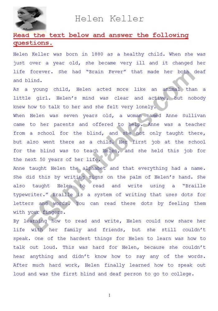 Helen Keller biography worksheet for third graders featuring reading and reflection prompts