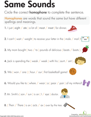 Worksheet for third graders on same sound, different spelling with example sentences