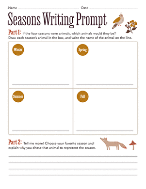 Third grade Seasons Writing Prompt worksheet featuring animals for each season and a writing exercise
