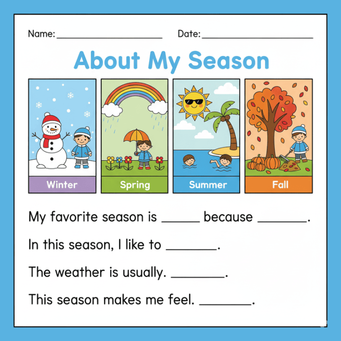 Third Grade Seasons Writing Prompt worksheet featuring animals for each season and a descriptive writing section