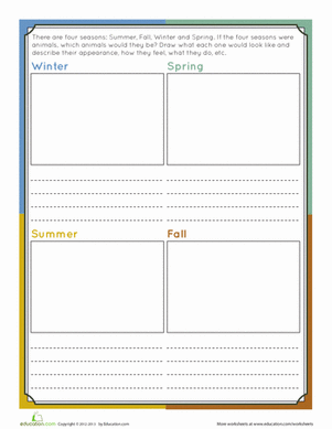Third grade Seasons Writing Prompt worksheet featuring animals for each season with writing space