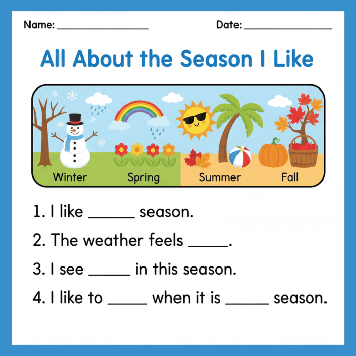 Third Grade Seasons Writing Prompt worksheet showing animals for each season and a short descriptive paragraph