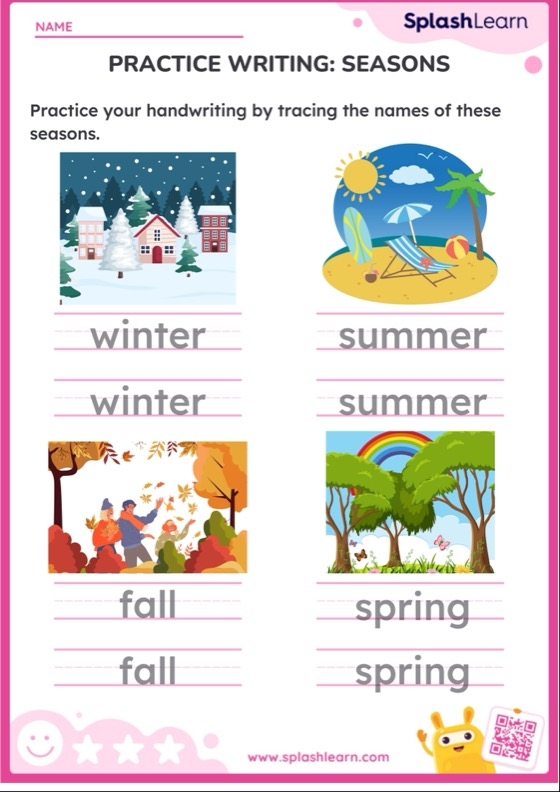 Third Grade Seasons Writing Prompt worksheet featuring animals for each season and a short descriptive paragraph