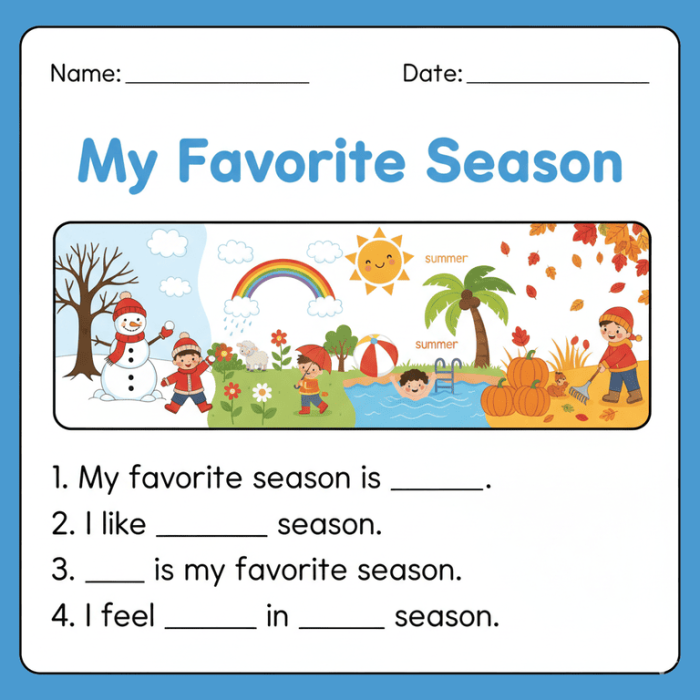 Third grade Seasons Writing Prompt worksheet showing animals for each season and space for a descriptive paragraph