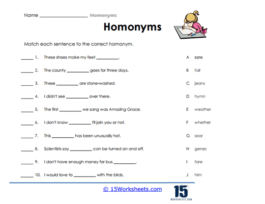 Colorful worksheet featuring seasonal homonyms for third graders