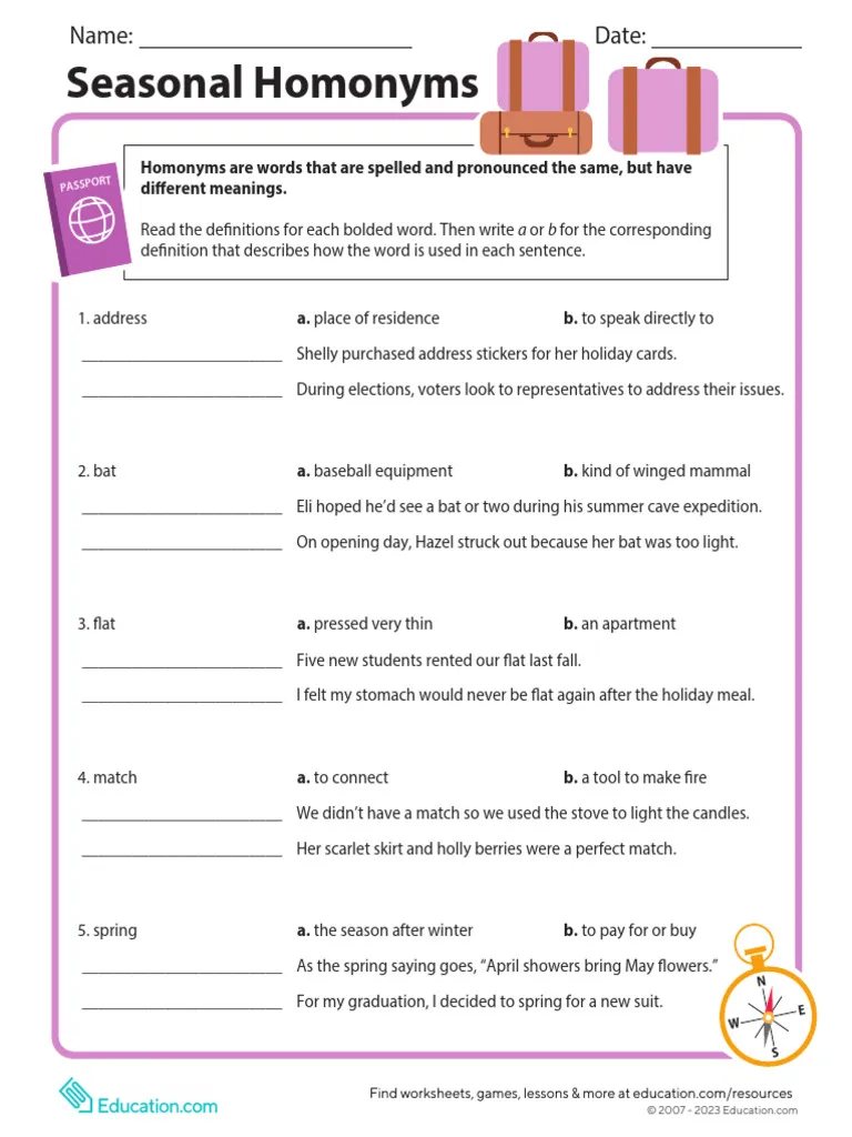 Worksheet featuring seasonal homonyms for third-grade multiplication practice