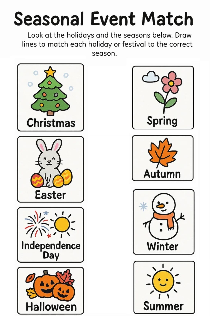 Worksheet showcasing seasonal homonyms for third graders