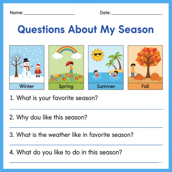 Third Grade Seasons Writing Prompt worksheet featuring animals for each season with space to write a paragraph