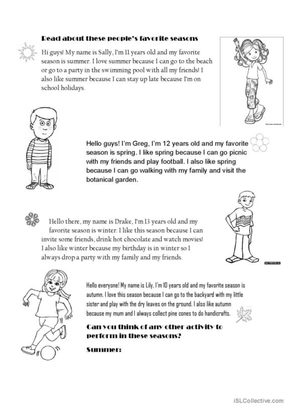 Third grade Seasons Writing Prompt worksheet showing animals for each season with space for drawing and writing
