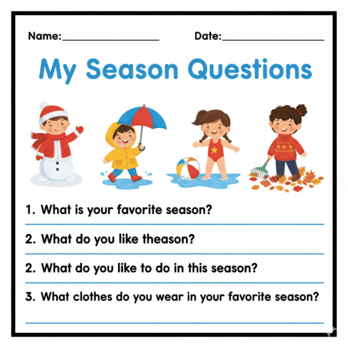 Third Grade Seasons Writing Prompt worksheet showing animals for each season with space for drawing and writing