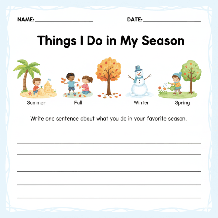 Third grade phonics worksheet on seasons featuring animal drawings and writing prompts