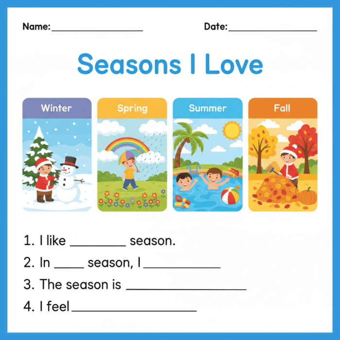 Third Grade Seasons Writing Prompt worksheet featuring animal drawings for each season