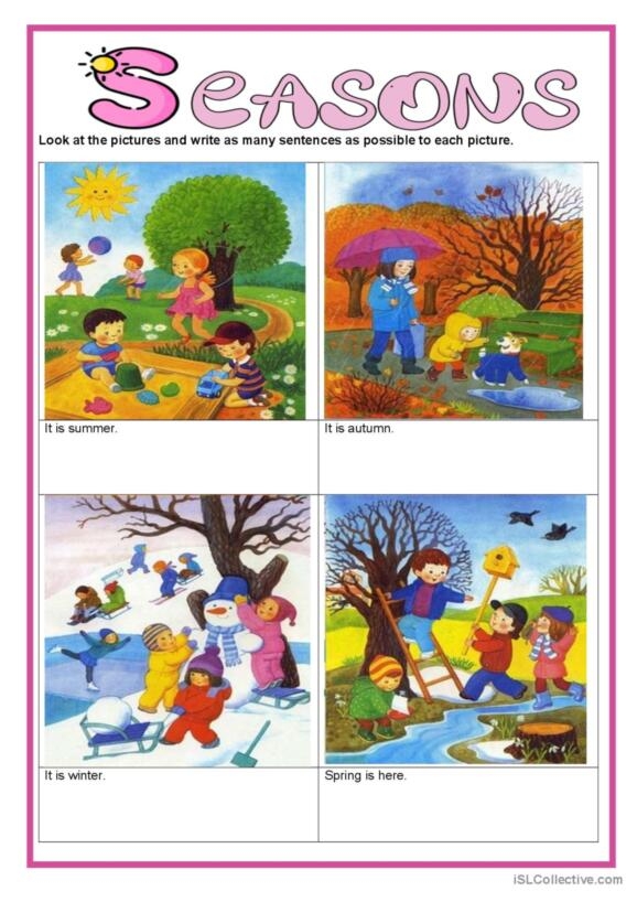 Third Grade Seasons Writing Prompt worksheet featuring animals for each season and a writing section