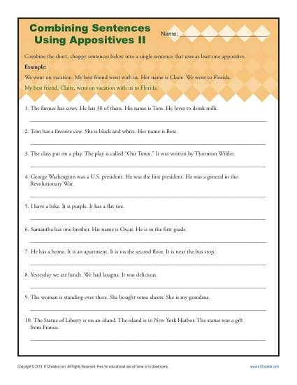 Engaging exercise to enhance writing skills and reduce repetition Worksheet for sentence combining practice for third graders