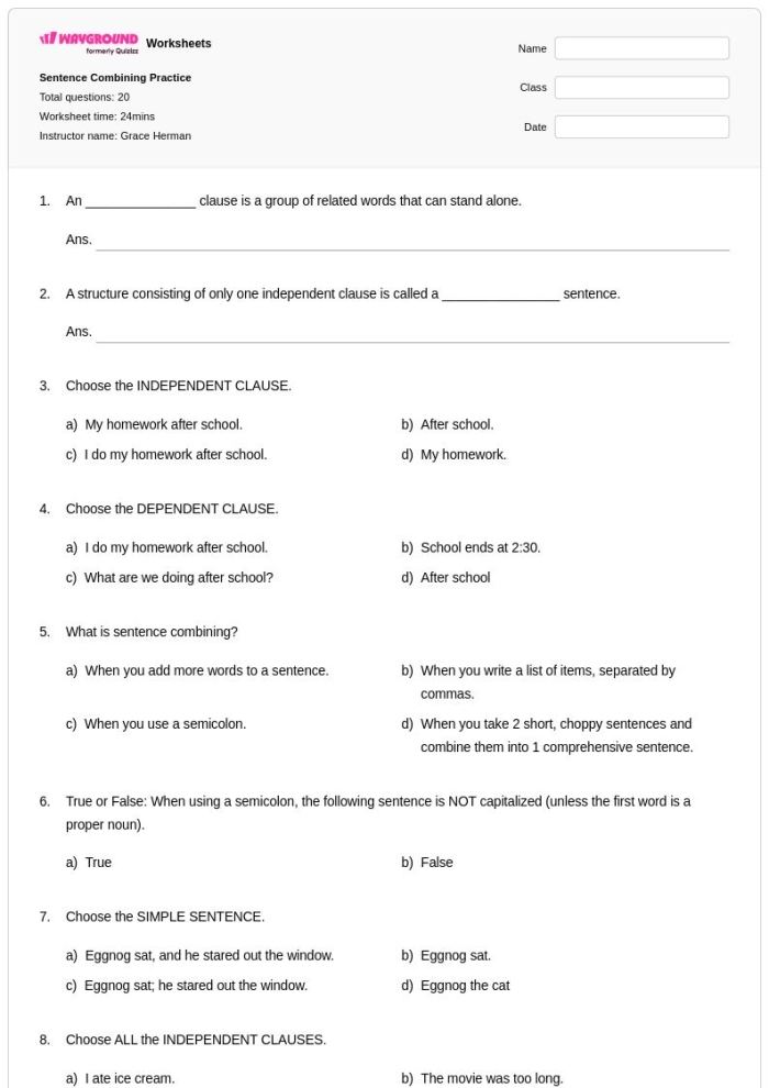 Engaging exercise to help students create varied sentences and enhance their writing Sentence combining practice worksheet for third graders to improve writing skills