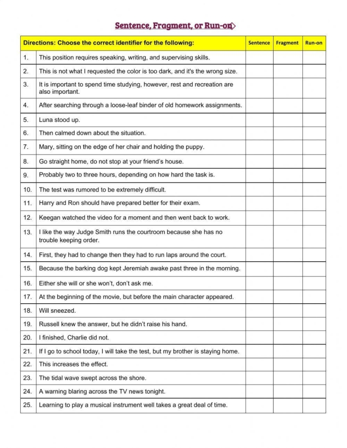 Third grade student practicing correcting incomplete and run-on sentences in a worksheet