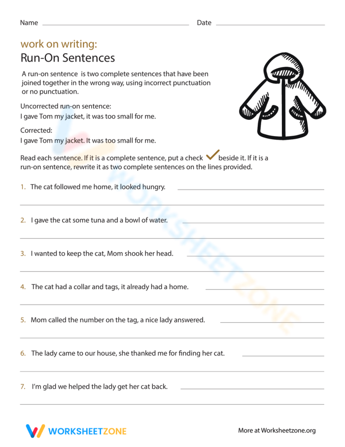 Third grade students practicing how to fix incomplete and run-on sentences on a worksheet
