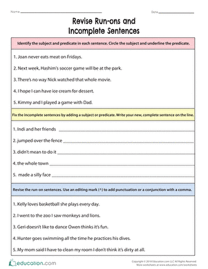 Third grade students practicing fixing incomplete and run-on sentences on a worksheet