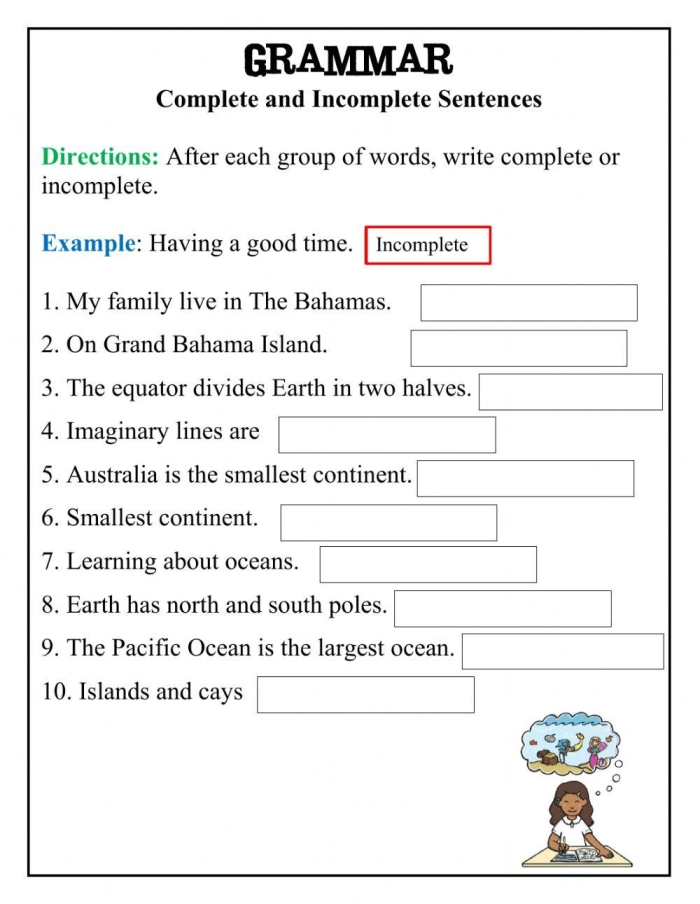 Third grade students working on correcting incomplete and run-on sentences in a grammar worksheet