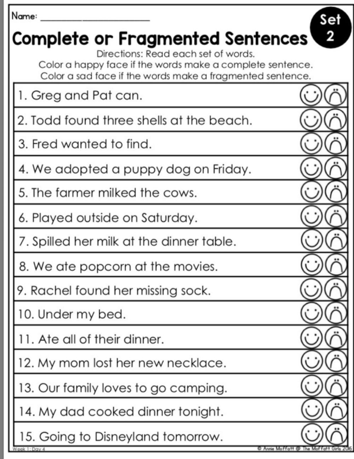 Third grade students practicing fixing incomplete and run-on sentences on a worksheet