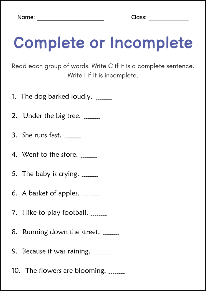 Third grade grammar worksheet focused on fixing incomplete and run-on sentences