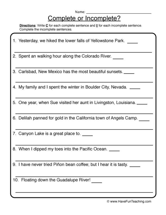 Third grade students practicing how to fix incomplete and run-on sentences on a worksheet