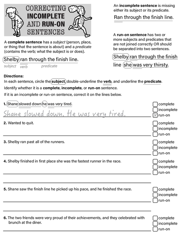 Third grade students practicing how to fix incomplete and run-on sentences with a worksheet