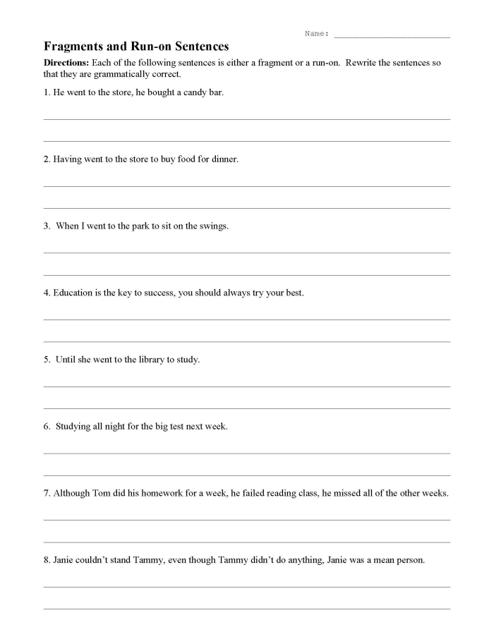 Third grade students practicing fixing incomplete and run-on sentences on a worksheet