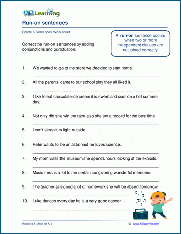 Third grade students practicing fixing incomplete and run-on sentences on a worksheet