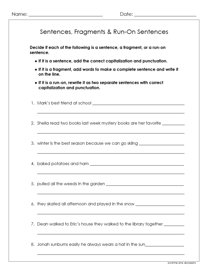 Work on Writing: Sentence Fragments practice for third graders Worksheet for identifying and correcting sentence fragments in writing