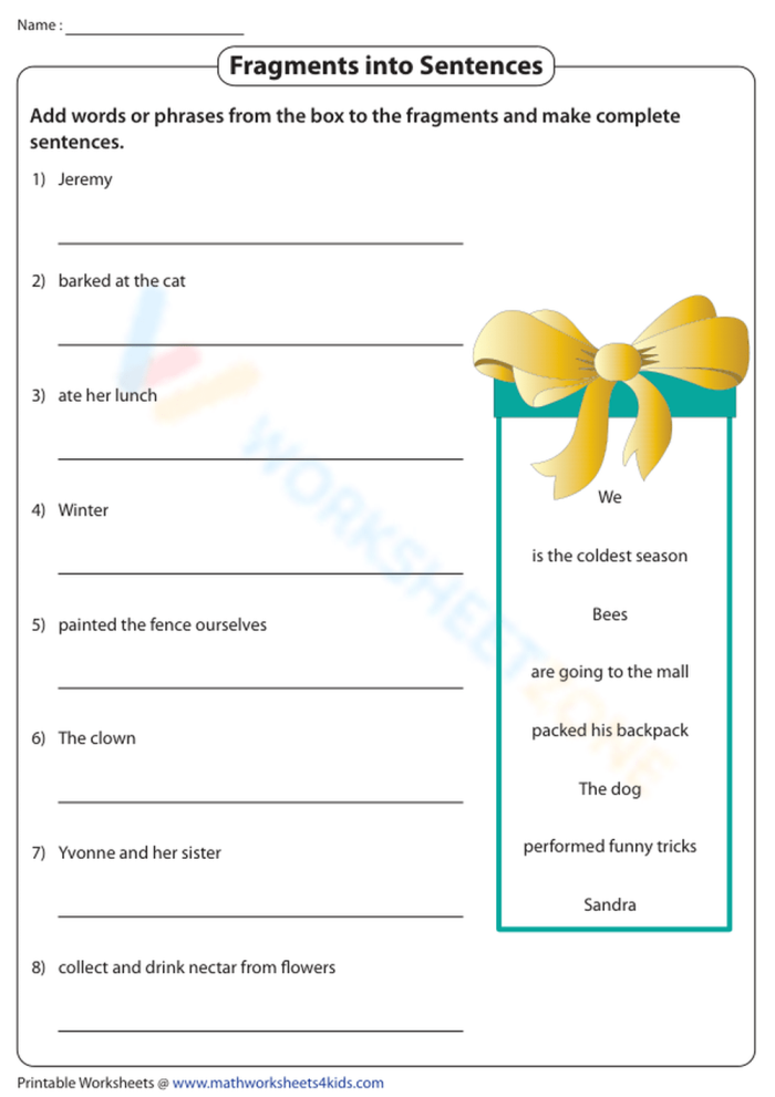 Work on Writing: Sentence Fragments worksheet for third graders Worksheet for practicing sentence fragments and complete sentences in third grade