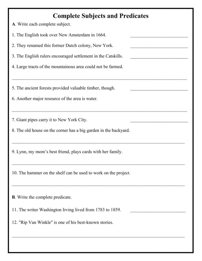 Complete Subject and Complete Predicate worksheet for third graders focusing on sentence structure practice