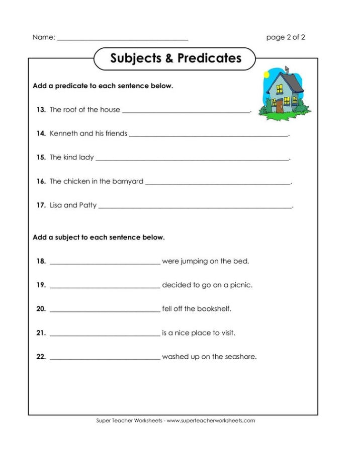 Complete Subject and Complete Predicate worksheet for third graders focusing on sentence structure practice