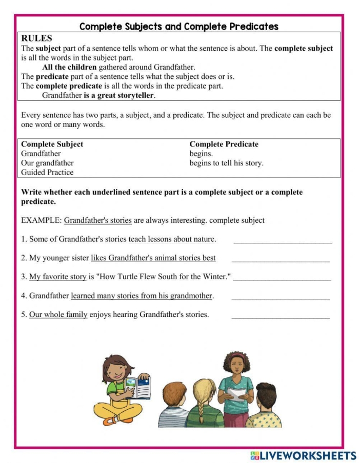 Complete Subject and Complete Predicate worksheet for third graders to enhance their sentence structure skills