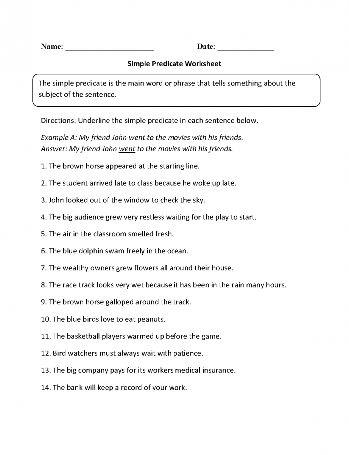 Complete Subject and Complete Predicate worksheet for third graders focusing on sentence structure