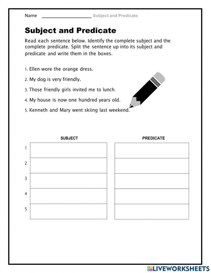 Complete Subject and Complete Predicate worksheet for third graders focusing on sentence structure